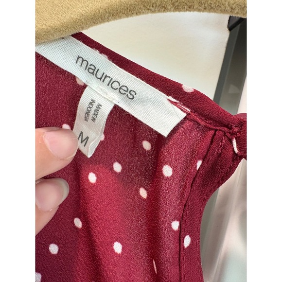 Maurices Burgundy Polka Dot Blouse Bishop Sleeve Cutout Neckline Size M - Picture 4 of 5
